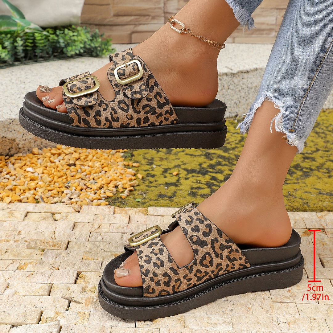 Damen modische Plateausandalen mit doppeltem Schnallenverschluss und Leopardenmuster R&B