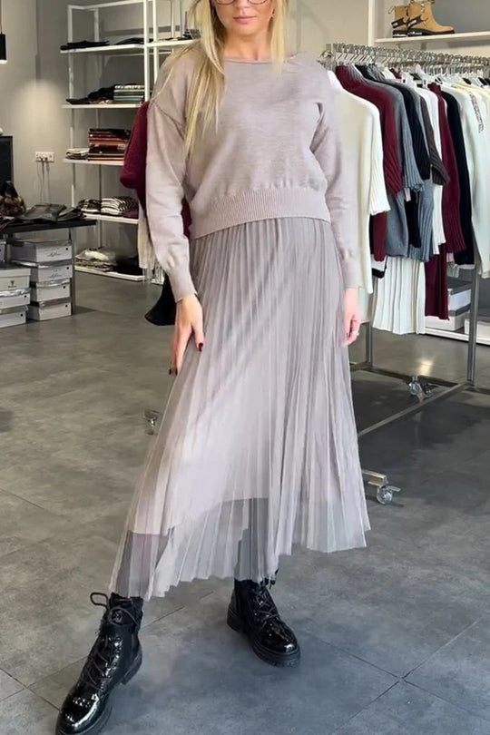 Damen Elegantes Faltenrock- und Pullover Set R&B