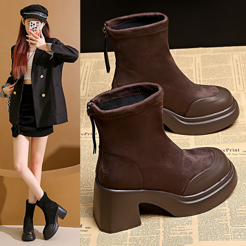 Damen modische Ankle Boots mit hohem Blockabsatz und Reißverschluss R&B