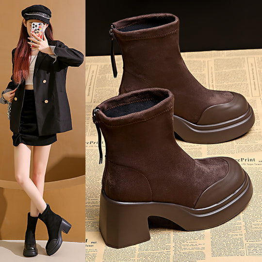 Damen modische Ankle Boots mit hohem Blockabsatz und Reißverschluss R&B