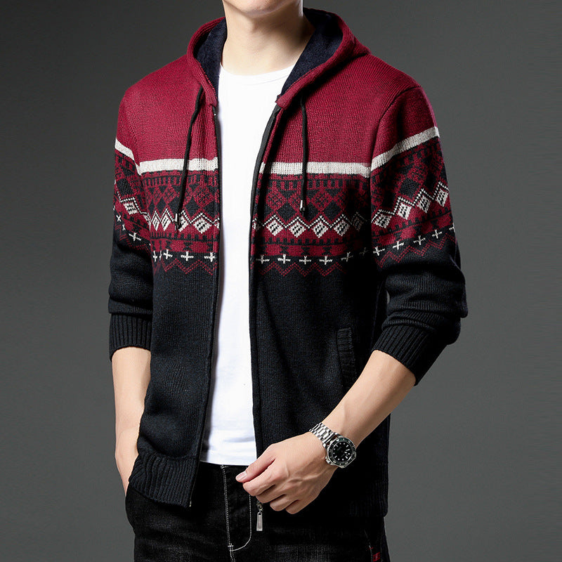 Herren gemusterte Strickjacke mit Kapuze und komfortablem Schnitt R&B