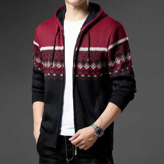 Herren gemusterte Strickjacke mit Kapuze und komfortablem Schnitt R&B
