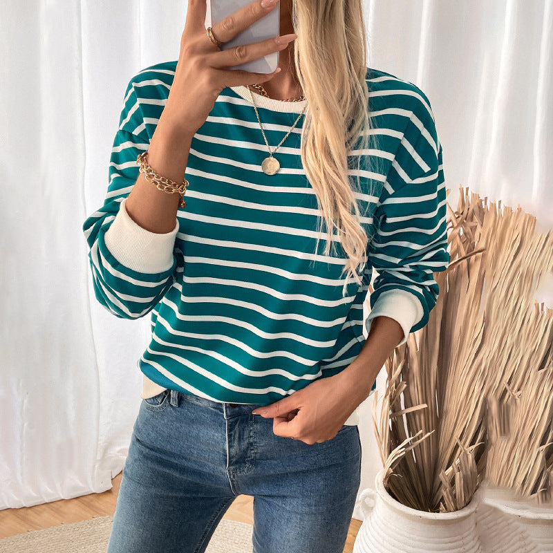 Damen Lässiger Streifenpullover mit elastischen Bündchen und Rundhalsausschnitt R&B