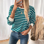 Damen Lässiger Streifenpullover mit elastischen Bündchen und Rundhalsausschnitt