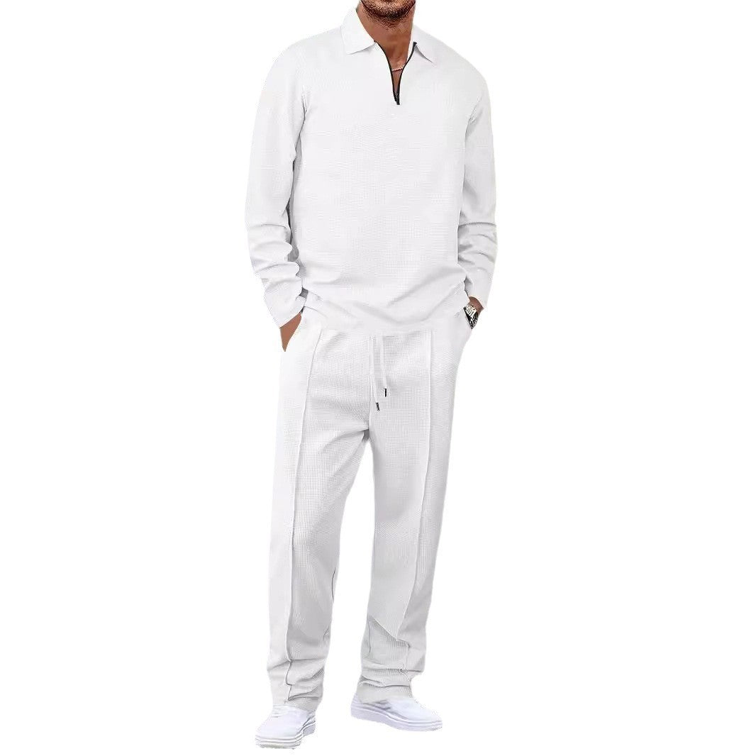 Herren nan Waffelstruktur-Wohn- und Freizeit-Set mit Halbzip-Polokragen und Kordelbund R&B