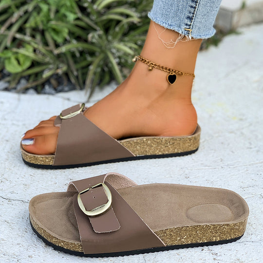 Damen Komfortable Fußbett-Sandalen mit breitem Riemen und glänzender Schnalle R&B