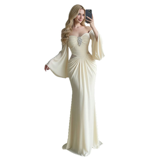 Damen elegantes Maxikleid mit großzügigen Trompetenärmeln und raffiniertem Cut-Out R&B