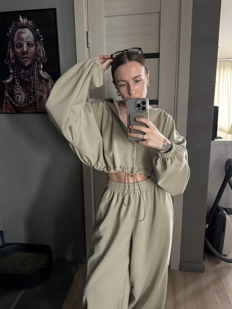 Damen nan kurzes Reißverschluss-Cropped-Hoodie und weitgeschnittene Highwaist-Loungehose Set R&B