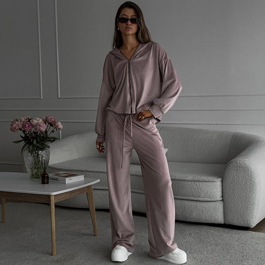 Damen sportliches Fleece-Jogginganzug mit Kapuze und weitem Schnitt R&B