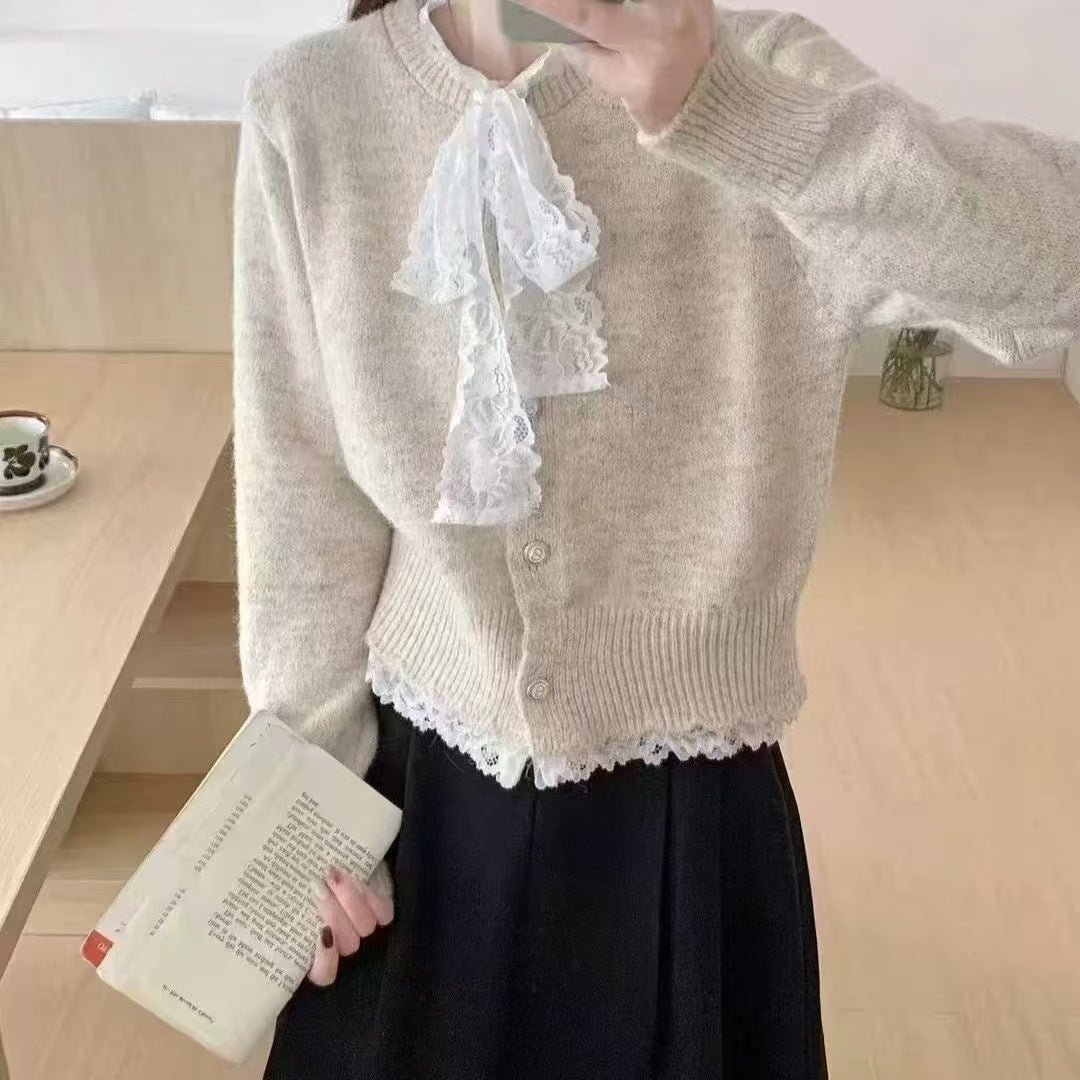 Damen Strickcardigan mit Lagenlook und Spitzenkragen