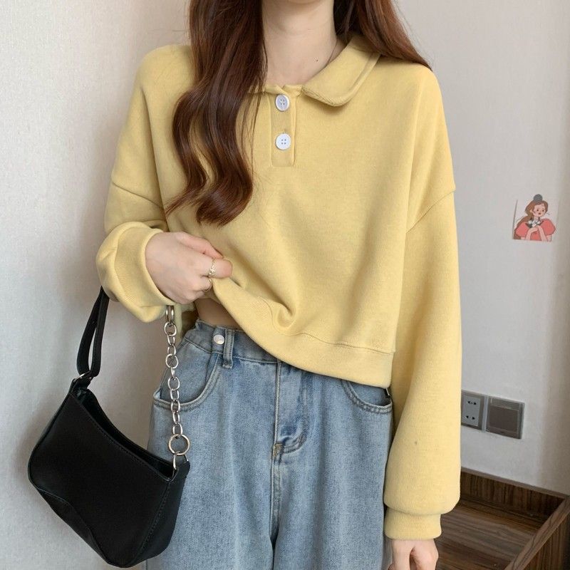 Damen Kurzarm Sweatshirt mit modischem Kragen und dekorativen Knöpfen