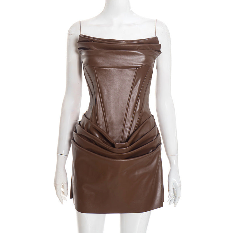 Damen Raffiniertes Minikleid aus hochwertigem Kunstleder mit drapierten Details R&B