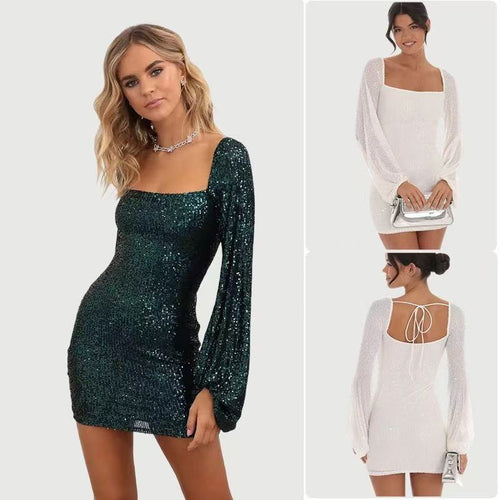 Damen Glamouröses Minikleid mit eleganten Puffärmeln und schimmernden Pailletten R&B