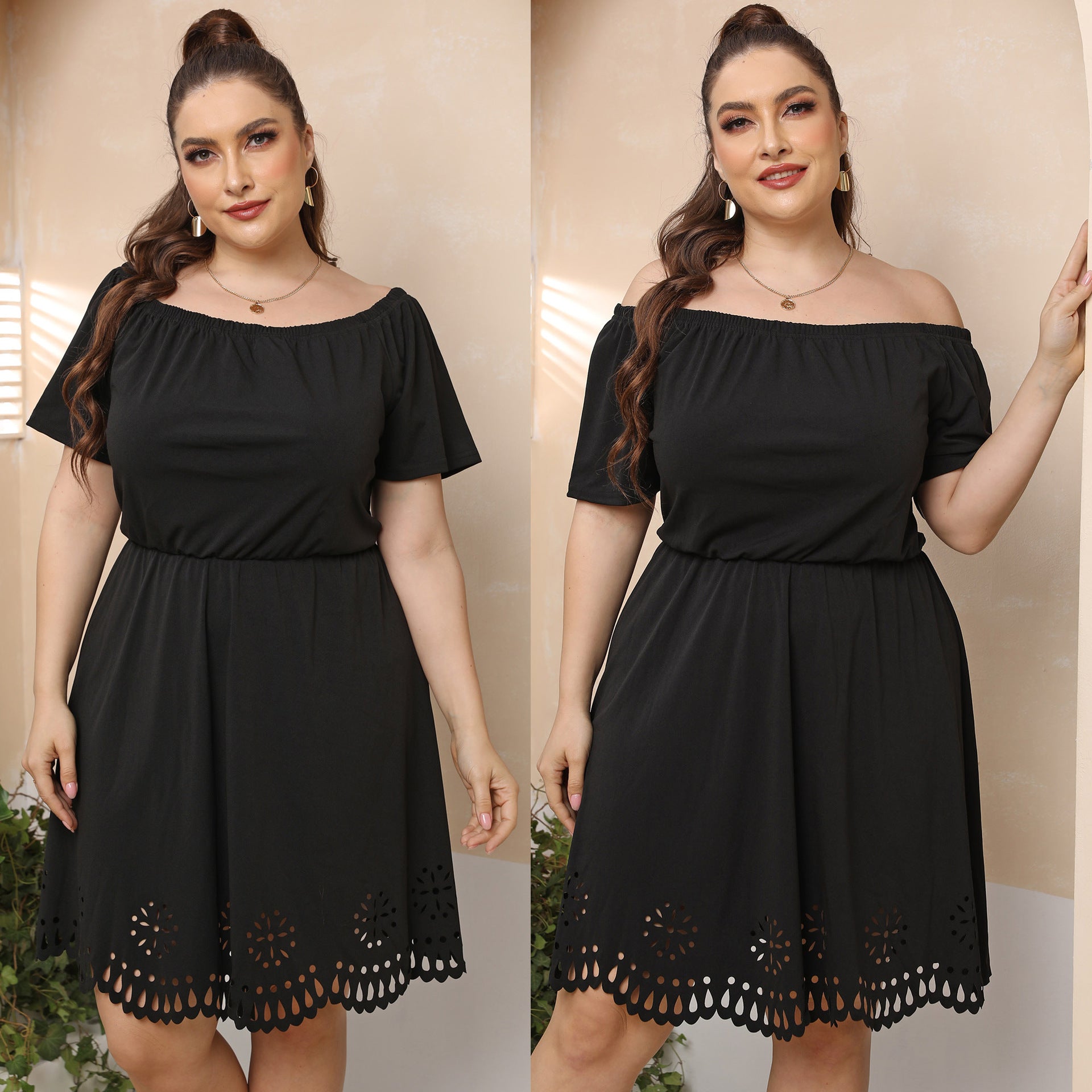 Damen Off-Shoulder Kleid mit dekorativem Lochmuster R&B
