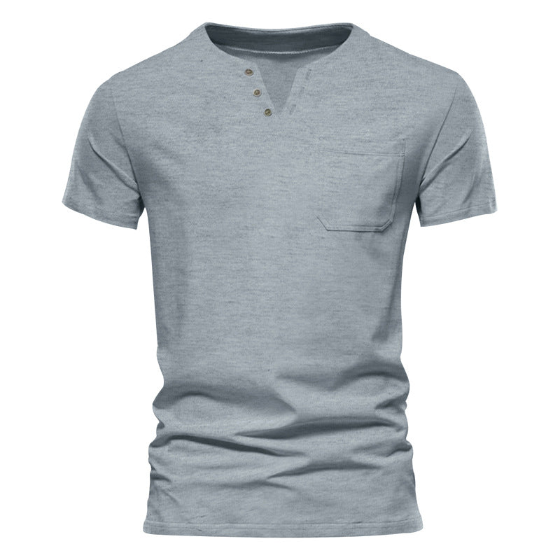 Herren Kurzarm-Henley-T-Shirt mit praktischer Brusttasche und anpassbarem Knopfverschluss R&B