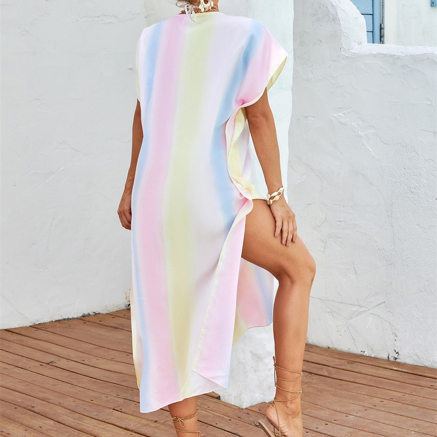 Damen lässiges Strandkleid mit V-Ausschnitt und luftigen Ärmeln R&B