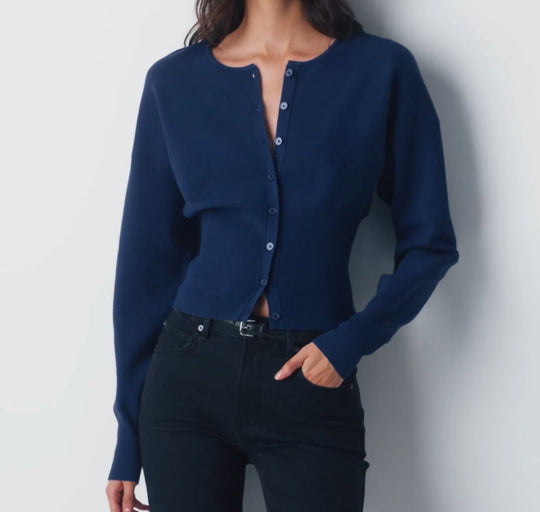 Damen Cropped Strickjacke mit Knopfleiste und Rippstrick R&B