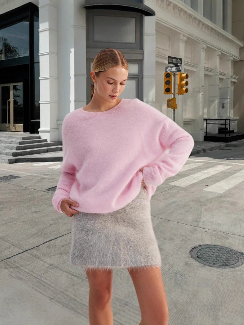 Damen weicher Strickpullover mit elegantem Rundhalsausschnitt und lässigem Schnitt R&B