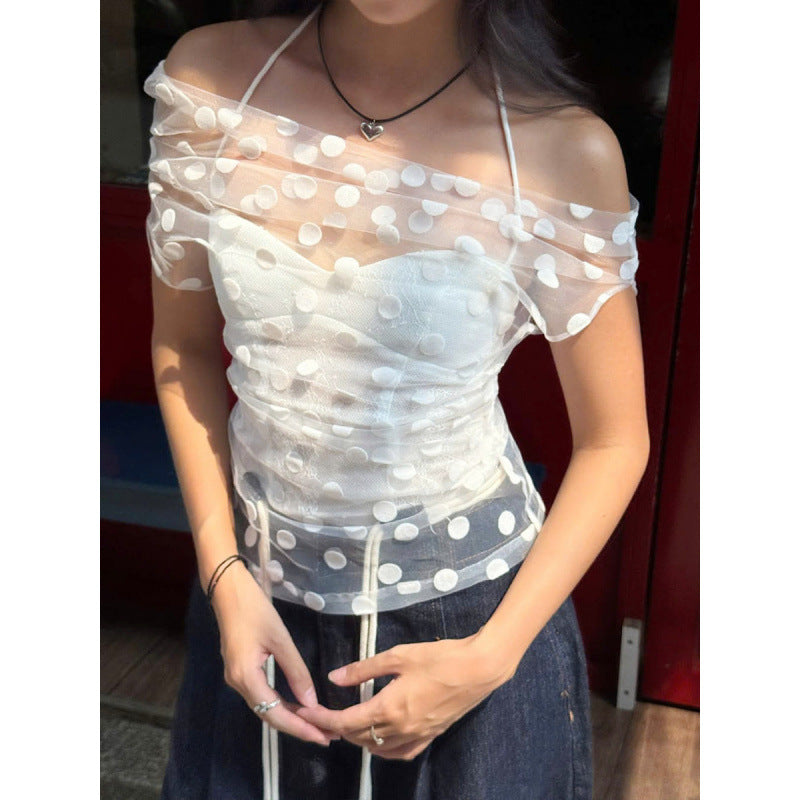 Damen Elegantes off-shoulder Oberteil mit Polka-Dots und Raffung R&B