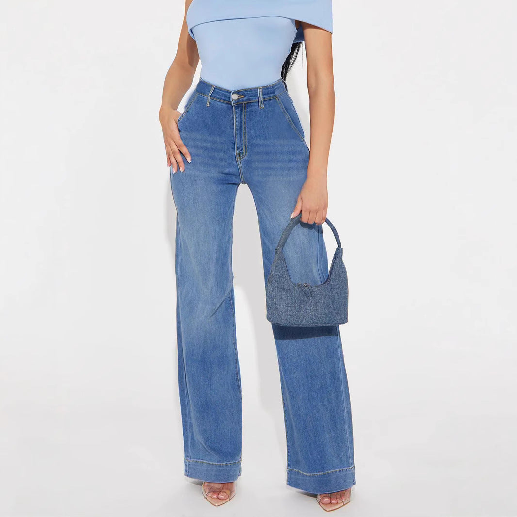 Damen Weite Denim-Hose mit hoch geschnittenem Bund und lässigem Schnitt R&B