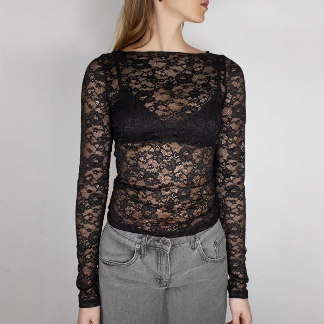 Damen Spitzenoberteil mit raffinierten Details und langem Arm R&B