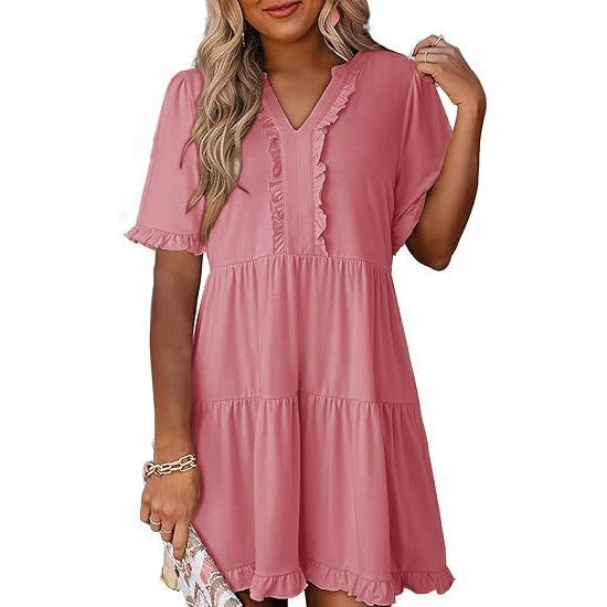 Damen nan leichtes Swingkleid mit V-Ausschnitt, gestufter Rockpartie und zarten Volants R&B