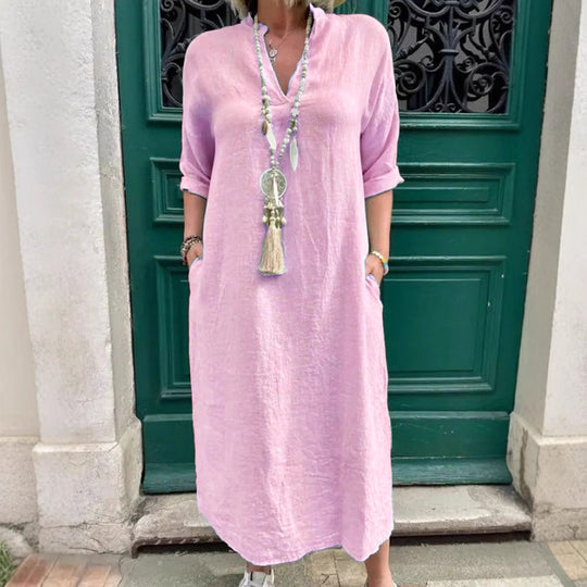 Damen Lässiges Kaftan-Kleid mit seitlichen Taschen und modischem V-Ausschnitt R&B