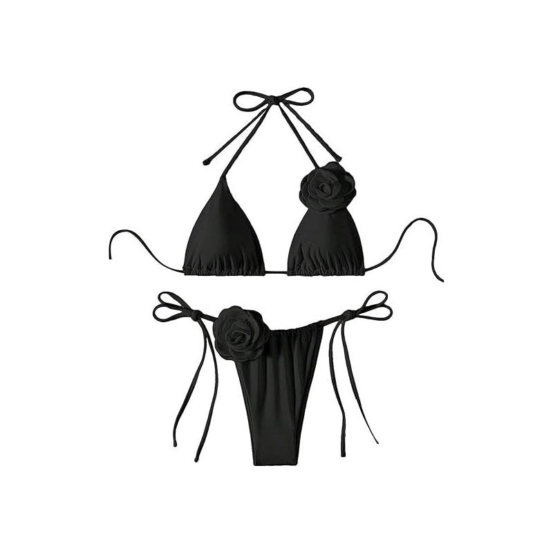 Damen Triangel-Bikini mit verspielten Blütenapplikationen und verstellbaren BindR&Bändern R&B