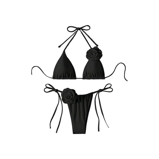 Damen Triangel-Bikini mit verspielten Blütenapplikationen und verstellbaren Bindebändern R&B
