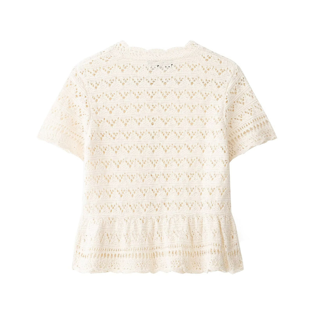 Damen feine Kurzarm-Bluse mit romantischem Spitzenmuster R&B