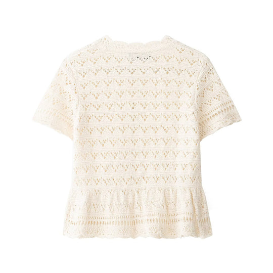 Damen feine Kurzarm-Bluse mit romantischem Spitzenmuster R&B