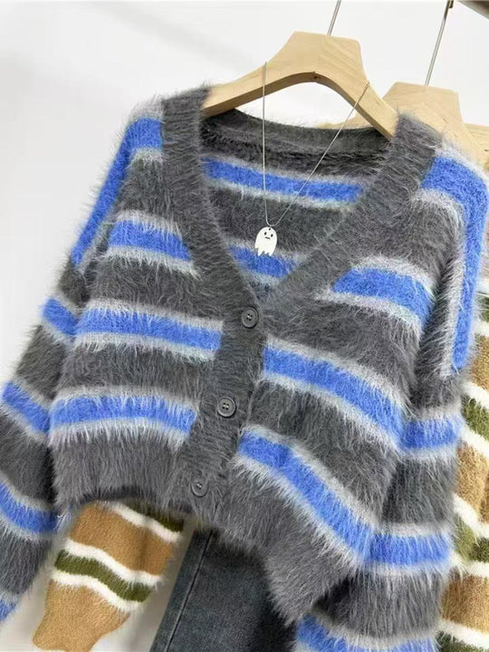 Damen lässiger Crop-Cardigan mit strukturiertem Streifenmuster und Knopfdetails R&B