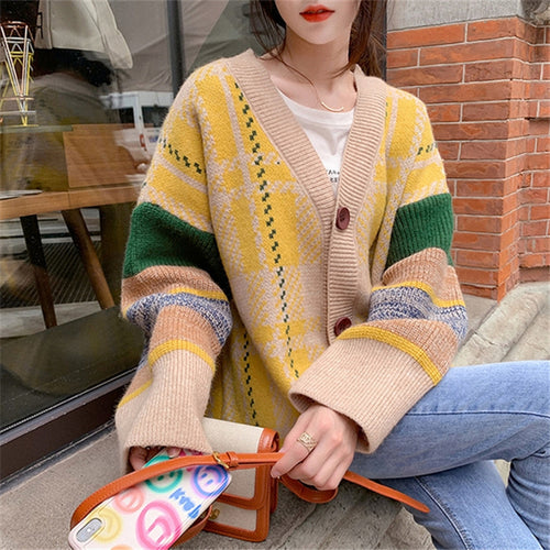 Damen Grobstrick-Cardigan mit buntem Karomuster und großen Holzknöpfen R&B