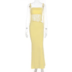 Damen elegantes langes Kleid mit raffiniertem Spitzenoberteil und verstellbaren Trägern R&B