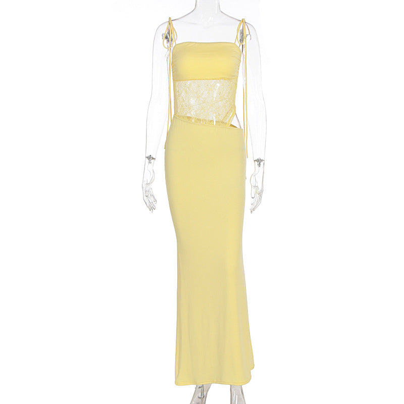 Damen elegantes langes Kleid mit raffiniertem Spitzenoberteil und verstellbaren Trägern R&B