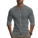Herren Langarm-Hemd mit modernem Henley-Kragen und kontrastierenden Knopfdetails R&B