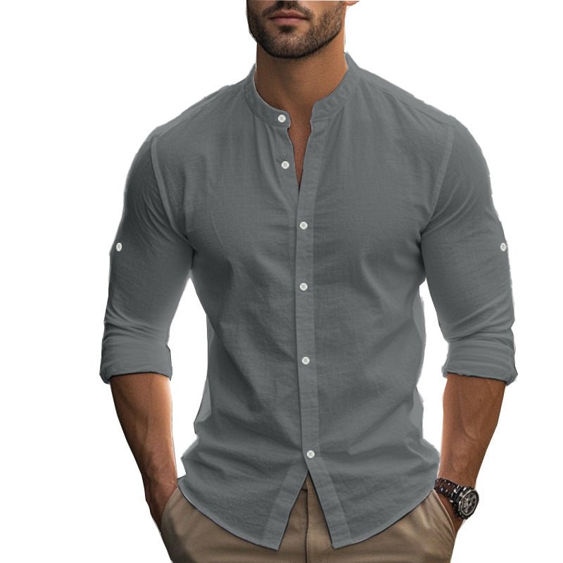 Herren Langarm-Hemd mit modernem Henley-Kragen und kontrastierenden Knopfdetails R&B