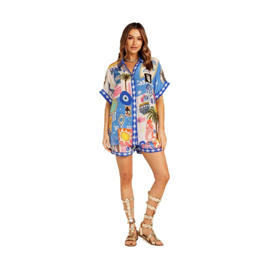 Damen Set aus leichtem, bedrucktem Kurzarmhemd und Shorts mit buntem Design R&B