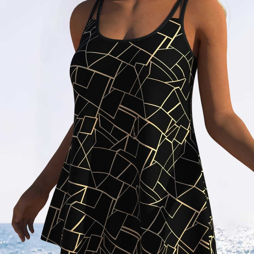 Damen Schwimmdress mit elegantem grafischen Mustermix und schickem Rocksaum R&B