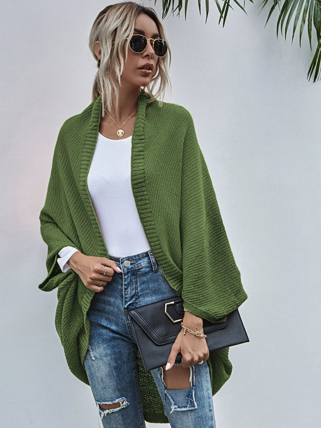 R&B | Strickjacke Oversized Passform Wolle Strick Offen Front Fledermausärmel