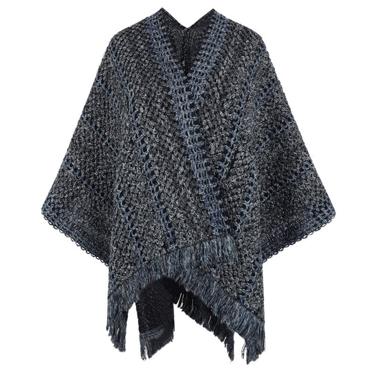 Damen Strickponcho mit V-Ausschnitt und Fransen R&B
