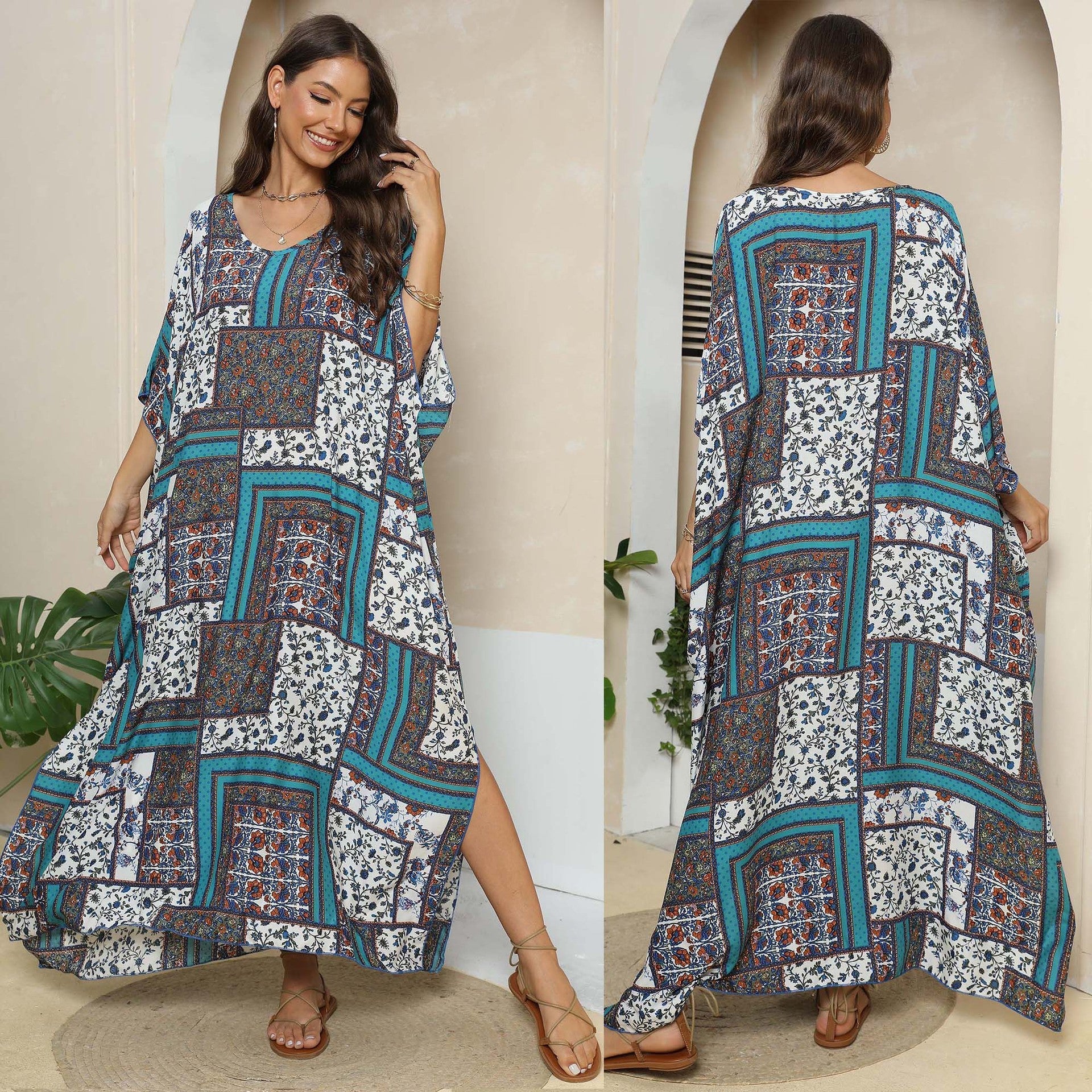 Damen lässiges Maxikleid im Patchwork-Design R&B