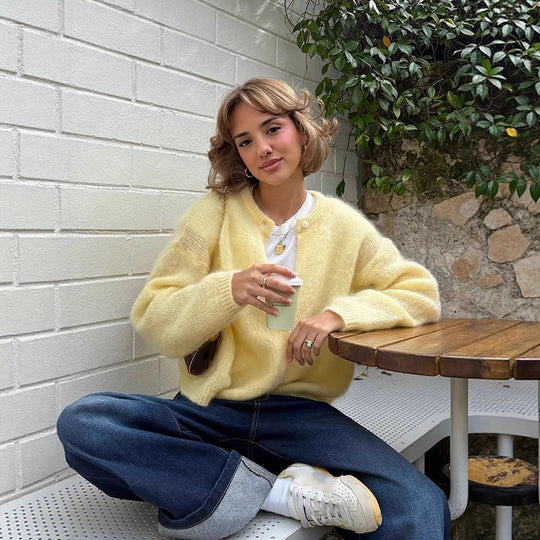 Damen weicher Strickcardigan mit großen Puffärmeln R&B