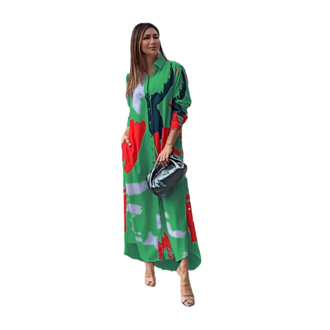 Damen lässiges Hemdblusenkleid mit buntem Grafikdruck und praktischen Taschen R&B