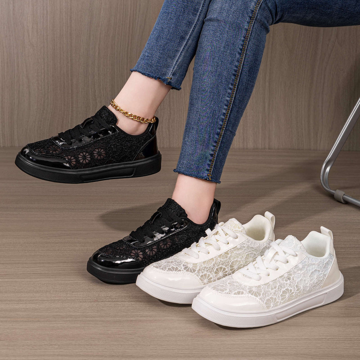 Damen nan eleganter Plateau-Sneaker mit Spitzen-Overlay, lackierten Overlays und gepolstertem Komfortfußbett R&B