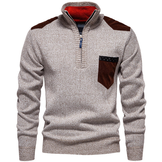 Herren Stehkragenpullover mit kontrastierenden Details und praktischen Taschen R&B