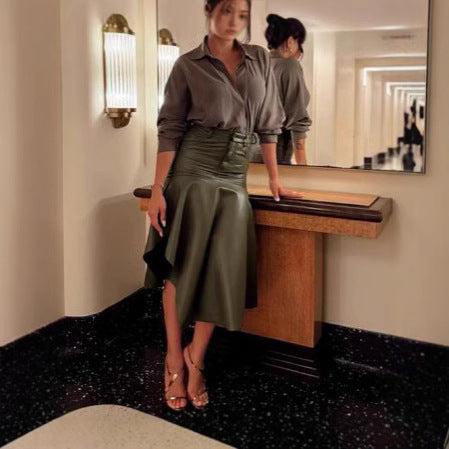 Damen Elegante Kunstleder Midi-Rock mit schwingendem Saum R&B