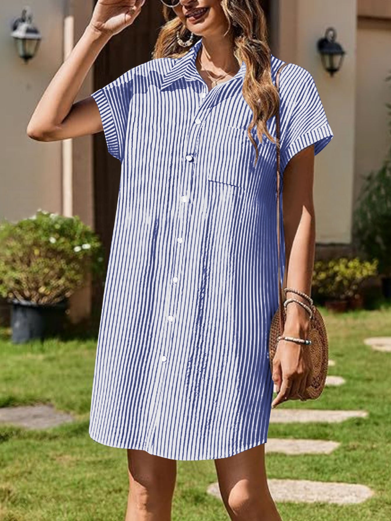 Damen Hemdblusenkleid mit feinen Streifen und praktischen Taschen R&B