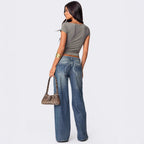 Damen Weit geschnittene Denim-Hose mit hohem Bund und modischen Details R&B