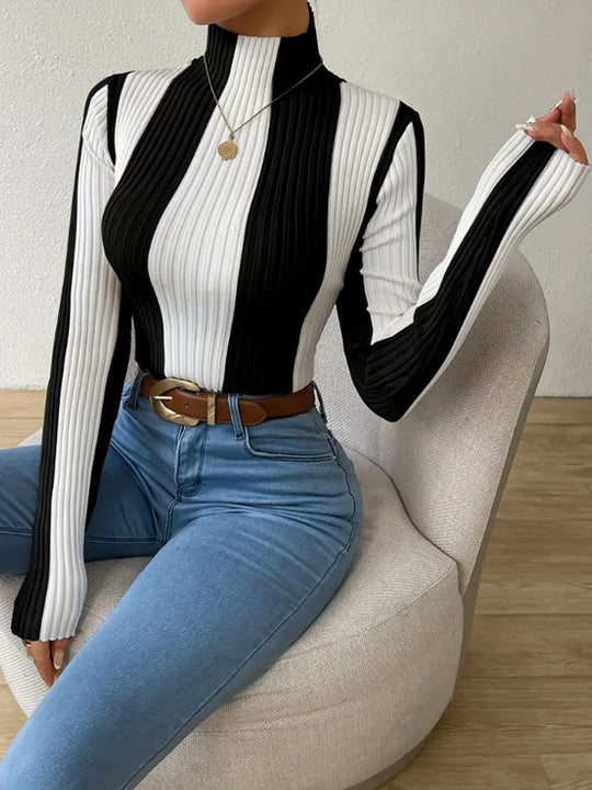 Damen Langarmshirt mit strukturiertem Rippmuster und hohem Kragen R&B